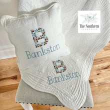 Load image into Gallery viewer, Heirloom Cotton Baby Quilt & Pillow Cover - Planes, Trains & Cars Monogram