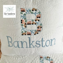 Load image into Gallery viewer, Heirloom Cotton Baby Quilt & Pillow Cover - Planes, Trains & Cars Monogram