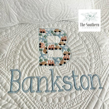 Load image into Gallery viewer, Heirloom Cotton Baby Quilt & Pillow Cover - Planes, Trains & Cars Monogram