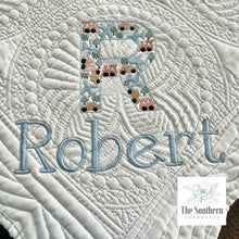Load image into Gallery viewer, Heirloom Cotton Baby Quilt & Pillow Cover - Planes, Trains & Cars Monogram