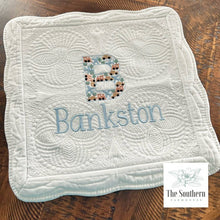 Load image into Gallery viewer, Heirloom Cotton Baby Quilt & Pillow Cover - Planes, Trains & Cars Monogram