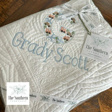 Load image into Gallery viewer, Heirloom Cotton Baby Quilt & Pillow Cover - Planes, Trains & Cars Monogram