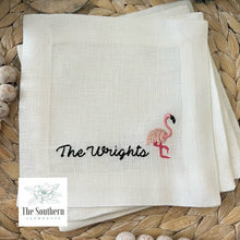 Load image into Gallery viewer, Set of 4 Embroidered Cocktail Napkins - Flamingo Fun