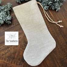 Load image into Gallery viewer, Linen Christmas Stocking - Tiny Farmhouse Christmas Tree