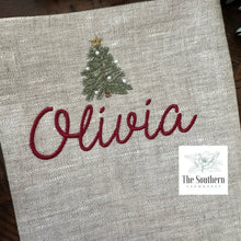 Load image into Gallery viewer, Linen Christmas Stocking - Tiny Farmhouse Christmas Tree