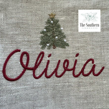 Load image into Gallery viewer, Linen Christmas Stocking - Tiny Farmhouse Christmas Tree