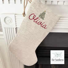 Load image into Gallery viewer, Linen Christmas Stocking - Tiny Farmhouse Christmas Tree