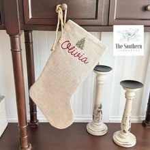 Load image into Gallery viewer, Linen Christmas Stocking - Tiny Farmhouse Christmas Tree