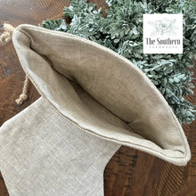 Load image into Gallery viewer, Linen Christmas Stocking - Tiny Farmhouse Christmas Tree