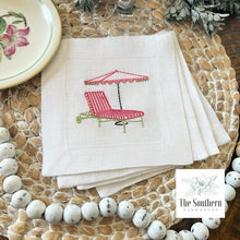 Load image into Gallery viewer, Set of 4 Embroidered Cocktail Napkins - Cabana Stripe Chaise & Umbrella