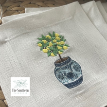Load image into Gallery viewer, Set of 4 Embroidered Cocktail Napkins - Chinoiserie Lemon Tree