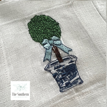 Load image into Gallery viewer, Set of 4 Embroidered Cocktail Napkins - Chinoiserie Topiary Tree