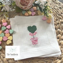 Load image into Gallery viewer, Set of 4 Embroidered Cocktail Napkins - Pink Chinoiserie Heart Topiary
