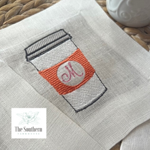 Load image into Gallery viewer, Set of 4 Embroidered Cocktail Napkins - To Go Coffee Cups