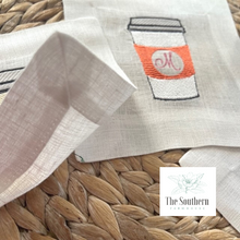 Load image into Gallery viewer, Set of 4 Embroidered Cocktail Napkins - To Go Coffee Cups
