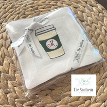 Load image into Gallery viewer, Set of 4 Embroidered Cocktail Napkins - To Go Coffee Cups