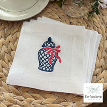 Load image into Gallery viewer, Set of 4 Embroidered Cocktail Napkins - Ginger Jar with Bow