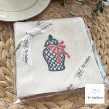 Load image into Gallery viewer, Set of 4 Embroidered Cocktail Napkins - Ginger Jar with Bow