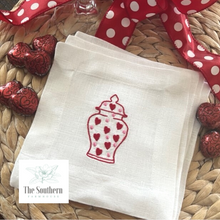 Load image into Gallery viewer, Set of 4 Embroidered Cocktail Napkins - Heart Ginger Jar