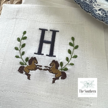Load image into Gallery viewer, Set of 4 Embroidered Cocktail Napkins - Horse Frame Monogram
