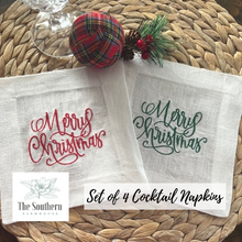 Load image into Gallery viewer, Set of 4 Embroidered Christmas Cocktail Napkins - Merry Christmas