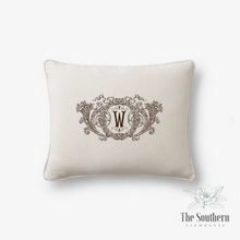 Load image into Gallery viewer, Linen Pillow Cover - Victorian Floral Framed Monogram