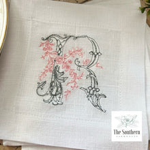 Load image into Gallery viewer, Set of 4 Embroidered Cocktail Napkins - Romantic Floral Sketched Monogram