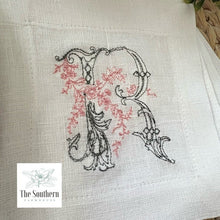 Load image into Gallery viewer, Set of 4 Embroidered Cocktail Napkins - Romantic Floral Sketched Monogram