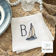 Load image into Gallery viewer, Set of 4 Embroidered Cocktail Napkins - Sailboat Monogram