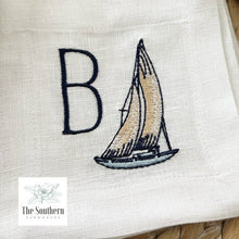 Load image into Gallery viewer, Set of 4 Embroidered Cocktail Napkins - Sailboat Monogram