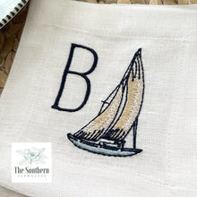 Load image into Gallery viewer, Set of 4 Embroidered Cocktail Napkins - Sailboat Monogram