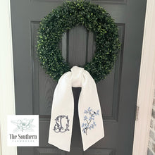 Load image into Gallery viewer, Linen Wreath/Basket Sash - Chinoiserie Bird Branch with Monogram