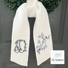 Load image into Gallery viewer, Linen Wreath/Basket Sash - Chinoiserie Bird Branch with Monogram