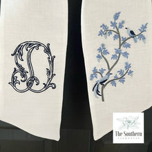 Load image into Gallery viewer, Linen Wreath/Basket Sash - Chinoiserie Bird Branch with Monogram