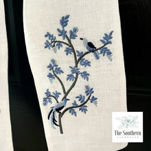Load image into Gallery viewer, Linen Wreath/Basket Sash - Chinoiserie Bird Branch with Monogram