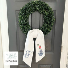 Load image into Gallery viewer, Linen Wreath/Basket Sash - Blue Willow Vase with Monogram