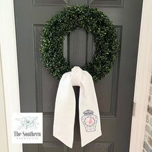 Load image into Gallery viewer, Linen Wreath/Basket Sash - Blue Willow Ginger Jar Monogram