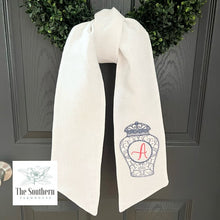 Load image into Gallery viewer, Linen Wreath/Basket Sash - Blue Willow Ginger Jar Monogram