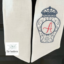 Load image into Gallery viewer, Linen Wreath/Basket Sash - Blue Willow Ginger Jar Monogram