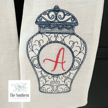 Load image into Gallery viewer, Linen Wreath/Basket Sash - Blue Willow Ginger Jar Monogram