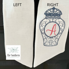 Load image into Gallery viewer, Linen Wreath/Basket Sash - Blue Willow Ginger Jar Monogram