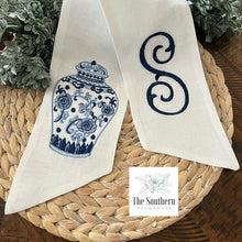 Load image into Gallery viewer, Linen Wreath/Basket Sash - Chinoiserie Ginger Jar Monogram