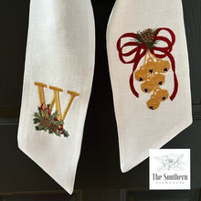 Load image into Gallery viewer, Linen Wreath/Basket Sash - Winter Pine Jingle Bells