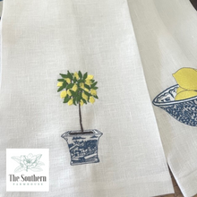 Load image into Gallery viewer, Set of Two Tea Towels - Chinoiserie Blue Willow Lemon Tree and Lemon Bowl
