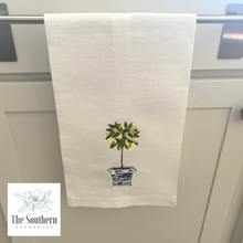 Load image into Gallery viewer, Set of Two Tea Towels - Chinoiserie Blue Willow Lemon Tree and Lemon Bowl