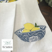 Load image into Gallery viewer, Set of Two Tea Towels - Chinoiserie Blue Willow Lemon Tree and Lemon Bowl