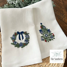 Load image into Gallery viewer, Set of Two Tea Towels - Chinoiserie Christmas Wreath & Tree