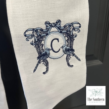 Load image into Gallery viewer, Linen Wreath/Basket Sash - Vintage Bird Crest Monogram