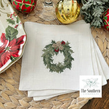 Load image into Gallery viewer, Set of 4 Embroidered Christmas Cocktail Napkins - Christmas Wreath