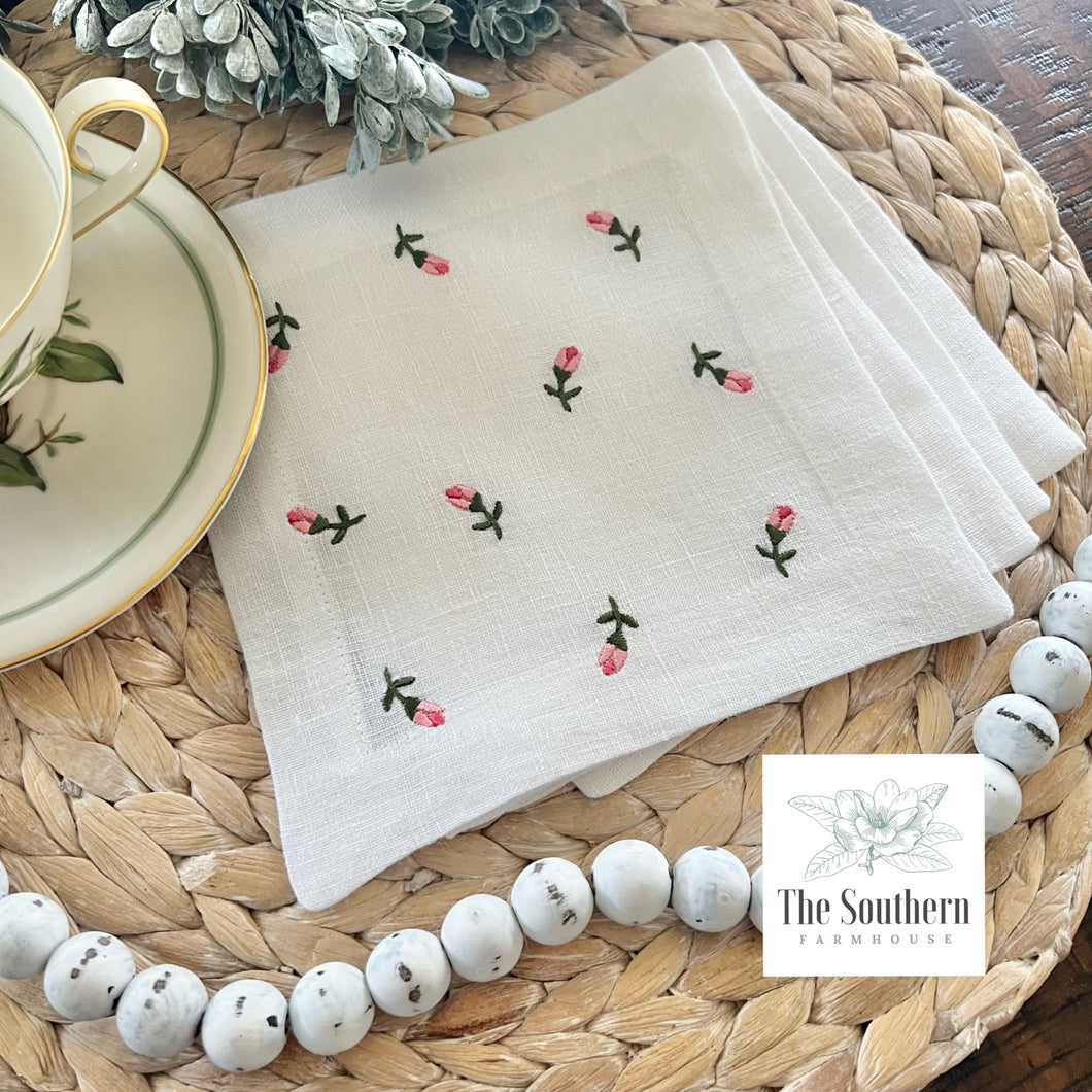 Set of 4 Embroidered Cocktail Napkins - Scattered Rosebuds